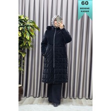 Elmas Tesettür Kadın Giyim Büyük Beden Fransız Boy Nova Kumaş Kapitone Desenli Kapüşonlu Kürklü Kışlık Uzun Şişme Mont