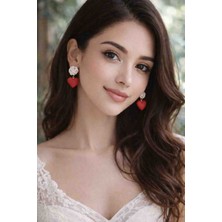 Myth Atelier Ivory Rose Beyaz Gül ve Kırmızı Kalp Sallantılı Küpe - Şık ve Zarif, Sevgililer Günü, Hediye
