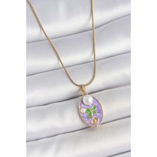 Pazarcan 316L Çelik Gold Renk Zincir Mor Mineli Oval Incili Çiçek Işlemeli Portre Model Kadın Kolye - Tj-Bko