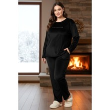 Remsa Büyük Beden Kadın Kadife Kumaş Pijama Takımı 13213-3018 Siyah