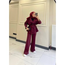 Kadın Kürk Yakalı Kuşaklı Şık Scuba Takım - Tesettüre De Uygun