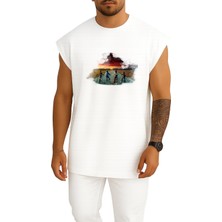 Bahriyeli Collection Oversize Four Children Riding Bicycle Göğüs Baskılı Atlet