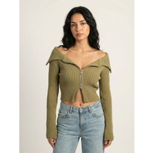 Okka Moda Acı Kahve Kayık Yaka Çift Fermuarlı Triko Hırka