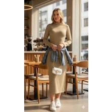 Kadın Uzun Kollu Balıkçı Yakalı Yanlardan Yırtmaçlı Kaşkorse Maxi Elbise