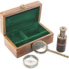 Erseyy Ahşap Kutu Pirinç Pusula Dürbün Büyüteç Seti