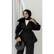 Kadın Kürk Yakalı Kuşaklı Şık Scuba Takım - Tesettüre De Uygun