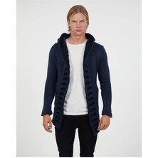 Elku Moda Erkek Kapüşonlu Uzun Triko Hırka Pamuklu Örme Salaş Kapamasız Panço Hırka