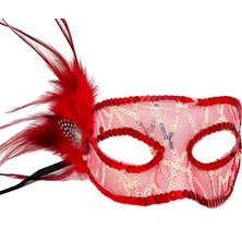 Gülcenin Dükkanı Kırmızı Yandan Tüylü Payetli Parti Maskesi