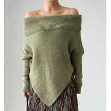 Sibel Günay Butik Madonna Yaka Asimetrik Kesim Kadın Triko Yeşil Kazak