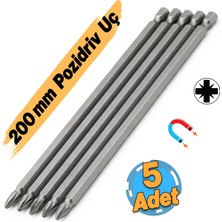 Badem10 (5 Adet) Mıknatıslı 200 mm Pozidriv Bits Uç Pz2 Manyetik 1/4" Matkap Ucu 20 cm Güçlü Tayvan Çeliği