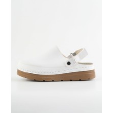 Dr. Klompa Arkası Bantlı Kadın Sabo Terlik Günlük Rahat Kullanım Kaymaz Taban Kapalı Burun Beyaz