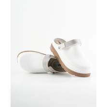 Dr. Klompa Arkası Bantlı Kadın Sabo Terlik Günlük Rahat Kullanım Kaymaz Taban Kapalı Burun Beyaz