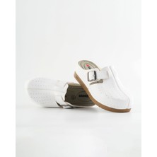 Dr. Klompa Kadın Beyaz Sabo Terlik Tokalı Kapalı Burun Delikli Rahat Taban Günlük Iş Terliği