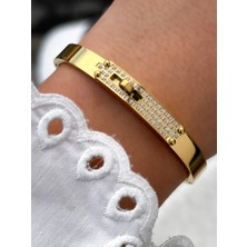 Ferro Sarı Çelik Kelepçe Kordon Kristal Taşlı Kadın Bileklik FRJW10028A-B 2 Yıl Garantili Hediye Paketli