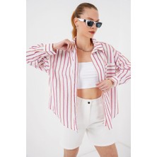 Çizgili Oversize Gömlek 20278 - Kırmızı