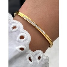 Ferro Sarı Çelik Kelepçe Kordon Kristal Taşlı Kadın Bileklik FRJW10020A-B 2 Yıl Garantili Hediye Paketli