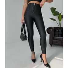 Deri Çimalı Fermuarlı Şardon Içlikli Slim Tayt