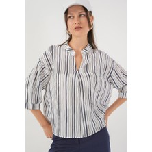 Çizgili Oversize Bluz 967 - F.lacivert