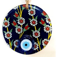 Pazarcan Çiçek Desenli Lacivert Nazar Boncuklu Füzyon Cam Duvar Süsü