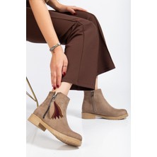 Arda Bayan Bot 165-205 Vizon Süet  Yaprak Desenli Fermuarlı Günlük Kadın Bot