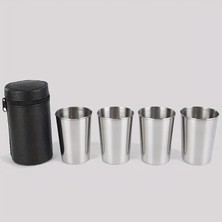 Seçilir 4’lü Paslanmaz Elit Çelik Shot Bardak Seti, Deri Kılıflı Taşıma Kutulu, Kamp ve Seyahat Için 8,3cm