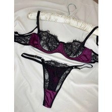 Rozenin Lingerie Dantel Detaylı Saten Kapsız Balenli Bralet Takım