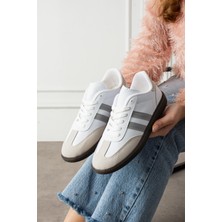 Eformoda Beyaz Gri Unisex Kadın Erkek  Şeritli Rahat Taban Günlük Sneaker Spor Ayakkabı SM03