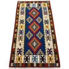 Burak Halı El Dokuma Sıfır Yahyalı Kilimi 110X200 Kök Boya Mavi Kahve %100 Yün Kilim Renkli