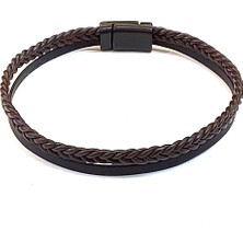 Herşey Nota Brown Pure Braid – Koyu Kahverengi Örgü Detaylı Siyah Erkek Deri BILEKLIK-1405