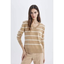 DeFacto Relax Fit V Yaka Yumuşak Dokulu Çizgili Triko Kazak A2359AX24WN