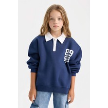 DeFacto Kız Çocuk Oversize Geniş Kalıp Polo Yaka Baskılı İçi Yumuşak Tüylü Sweatshirt D3497A824WN