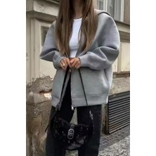 Kara Kedi Gri Melanj Kalın Kumaş Y2K Unisex Kapüşonlu Hırka