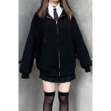 Kara Kedi Siyah Düz Kalın Kapüşonlu Unisex Hırka