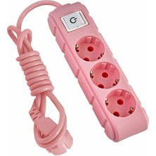 3lü Anahtarlı Grup Priz 3 Metre 16A 250V, Üçlü Topraklı Uzatma Kablosu 3 Metre (Pembe)