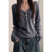 Füme Siyah Çizgili Düğmeli  Street Y2K Uzun Kollu Crop