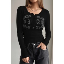 Kara Kedi Siyah Keep Smile Düğmeli Street Y2K Uzun Kollu Crop