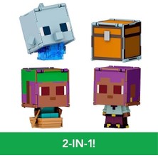 Mattel Minecraft Dönüşen Figürler 2'li Paket, Dinamik Oyun Için 2'si 1 Arada, 9 Cm, Büyük Kafalı 2 Aksiyon Figürü, Efe/sailboat ve /treasure Chest, JCY31
