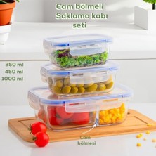 Kilitli Kapaklı 3 Lü Çok Amaçlı Gıda Erzak Kahvaltılık Cam Saklama Kabı Seti 350-450-1000 ml