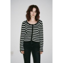 Siyah Gri Çizgili Grunge Y2K Stili Triko Hırka