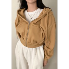 Bej Crop Top Kalın Kumaş Kapüşonlu Crop Hırka
