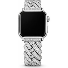 Alstrap Apple Watch 11-10(42MM) 9 8 7(41MM) 6 5 4 SE(40MM) Uyumlu Su Yolu Taş Detaylı Metal Kordon