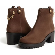 Ne&Ve Shoes Kahve Kadife Deri Gold Zincir Detaylı Kadın Kalın Topuklu Bot