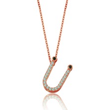 Mavili Gümüş Işıltılı Prizma Ü Harfi Gümüş Kolye - Rose