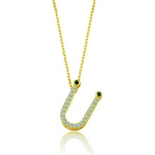 Mavili Gümüş Işıltılı Prizma Ü Harfi Gümüş Kolye - Altın