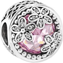 Nur Silver Pembe Taş Papatya Detay Gümüş Charm NUR-BL00970