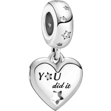 Nur Silver You Did İt Yazılı Yıldız Detay Sallantılı Kalp Gümüş Charm NUR-BL00133