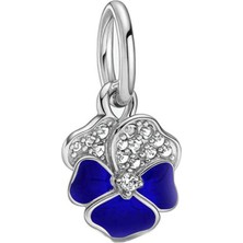 Nur Silver Lacivert Yaprak Detay Yonca Sallantılı Gümüş Charm NUR-BL09091