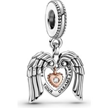 Nur Silver Melek Kanatları ve Kalp Sallantılı Gümüş Charm NUR-BL01995
