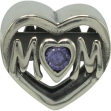 Nur Silver Mom Yazılı Kalp Gümüş Charm NUR-BL02000