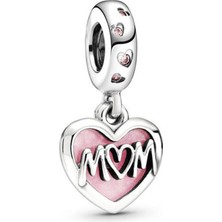 Nur Silver Mom Yazılı Pembe Mineli Kalp Gümüş Charm NUR-BL00193